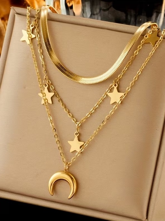 Jewelry - Stainless Steel Gold Star & Crescent Layered Necklace